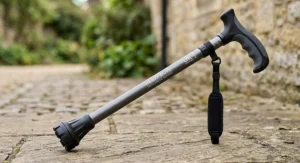 A heavy-duty orthopaedic walking stick for men featuring a comfortable molded handle for added support and stability.