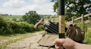 Height-adjustable folding walking stick under £20 featuring brass push-button settings