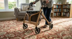 Demonstration of height adjustable push handles on a sturdy indoor mobility rollator.