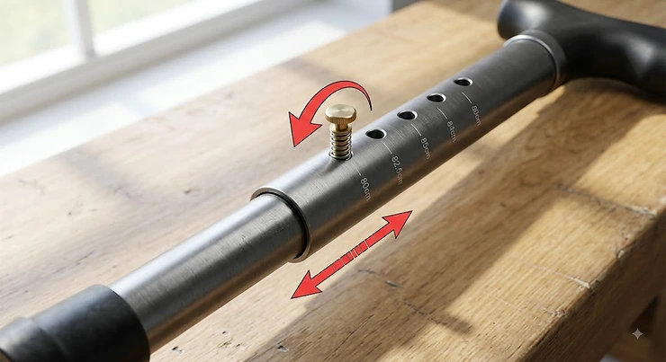 Diagram showing the push-button pin mechanism used to alter the height on an adjustable walking stick.
