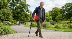 Illustration showing a person holding a walking stick on the opposite side of their painful hip for proper support.