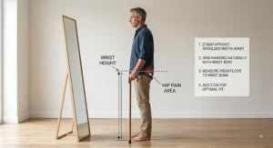 Diagram demonstrating how to correctly measure walking stick height at wrist level to ease hip pain.
