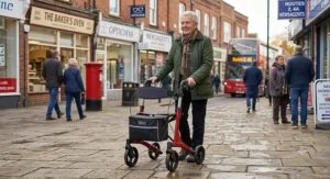 Elderly gentleman using a folding rollator walking frame along a British high street pavement