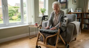 Non-marking rubber wheels of an indoor rollator moving smoothly over a carpeted floor.