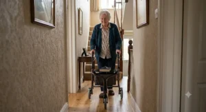 Indoor rollator with built-in tray carrying a mug of tea and biscuits safely across the kitchen.