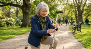 Woman adjusting the height of a lightweight floral walking stick outdoors in a park