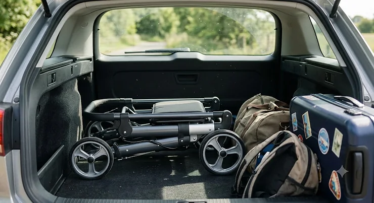Lightweight folding rollator collapsed neatly inside a car boot for holiday travel