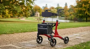 Lightweight four-wheel folding rollator walker with a comfortable padded seat and shopping basket