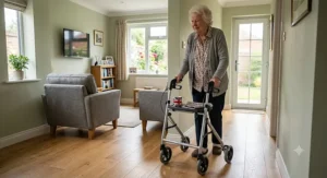 Narrow 3 wheel indoor rollator easily passing through a tight hallway in a British house.