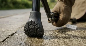 Durable non-slip rubber ferrule base of a folding walking stick under £20 on a UK pavement