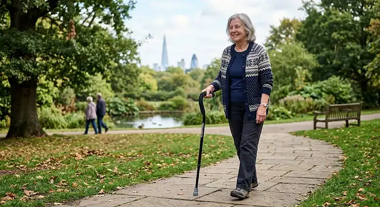 An offset handle walking stick designed to reduce wrist pressure for arthritis sufferers in the UK.