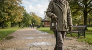 Senior person enjoying a British park walk using an affordable folding walking stick under £20