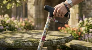 Illustration featuring a stylish floral-patterned adjustable walking stick complete with a wrist strap.