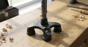 Illustration of a self-standing quad-base adjustable walking stick designed to provide extra balance support.