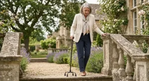 A quad-base walking stick with four feet providing extra stability and balance for severe hip joint pain.