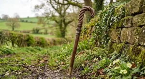 Rustic polished timber wooden walking stick featuring an elegant carved spiral handle design.