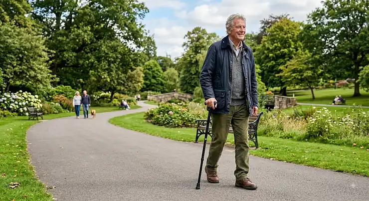 An older British man using an adjustable walking stick for hip pain relief while strolling in a park.