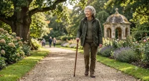 An elderly woman enjoying a outdoor stroll through a park using a supportive derby handle walking stick