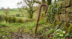 Traditional British shepherd's crook wooden walking stick with a hand-carved wood handle.