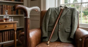 A stylish gentleman's walking stick for men resting against a classic British tweed jacket.