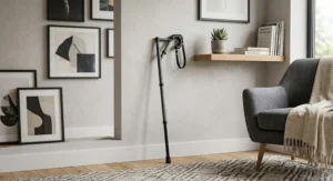 A stylish patterned offset handle walking stick standing upright against a modern British living room wall.