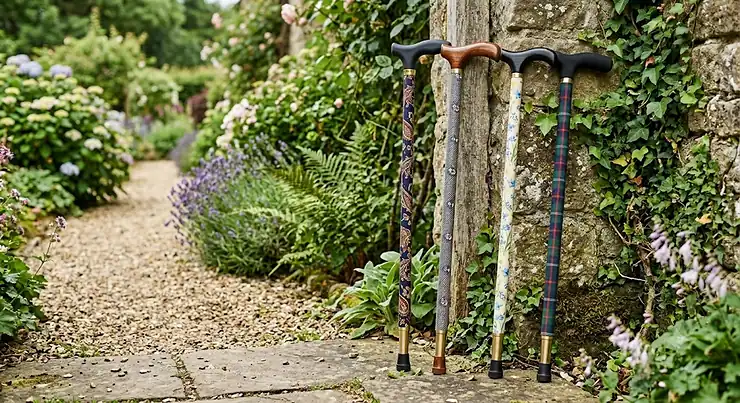 Stylish walking sticks for women featuring elegant patterned designs suitable for daily British strolls