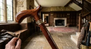 Close-up detail of a traditional British polished chestnut wooden walking stick featuring an ergonomic Derby handle