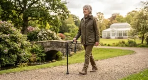 Senior woman using an offset handle walking stick for arthritis support while walking through a British park.