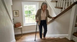 A woman using a sturdy walking stick and handrail to climb stairs safely with reduced hip pain.
