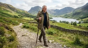Walker using a sturdy hazel wooden walking stick on a scenic rambling trail in the British countryside