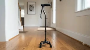 An ergonomic adjustable quad walking stick standing upright independently on a hallway floor.