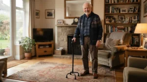 A senior man navigating his living room with a sturdy quad cane costing under £30