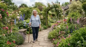 An older individual walking outdoors on a garden path using the best quad cane for elderly safety.