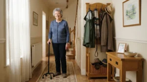 An elderly homeowner in a hallway storing the best quad cane for elderly daily use.