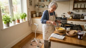 A senior walking steadily in a modern kitchen with the best quad cane for elderly stability.