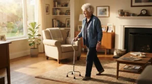An elderly person indoors using the best quad cane for elderly balance support near a window.