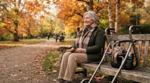 A senior resting near a park bench while using the best quad cane for elderly mobility.