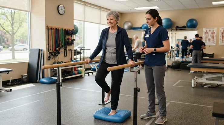 A patient practicing balance exercises with the best quad cane for elderly physical therapy.