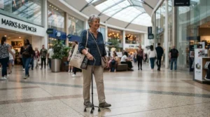 A pensioner walking through a shopping centre holding the best quad cane for elderly support.