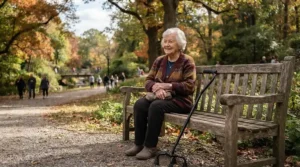 A pensioner resting near a park bench with an ergonomic quad cane under £30 close by