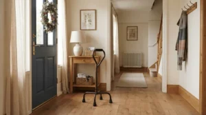 A sleek black large base quad cane positioned in a modern hallway
