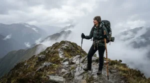 A hiker comparing carbon fibre trekking poles vs aluminium trekking poles on a misty mountain ridge in Scotland