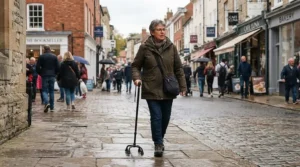 A shopper holding a reliable quad cane under £30 outside a British high street shop