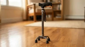 Close-up of a small base quad cane showing the sturdy four-prong platform on a wooden floor