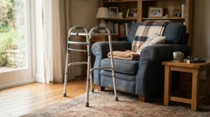 A small base quad cane parked neatly next to a comfortable armchair in a cosy living space