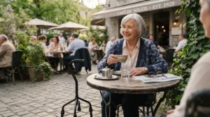 A retiree seated at an outdoor cafe table with a compact quad cane under £30 leaning on the chair