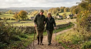 An elderly couple using supportive walking sticks while strolling along a scenic British countryside path.