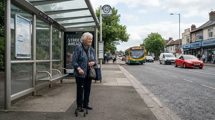 An elderly commuter waiting at a bus shelter with a practical quad cane under £30