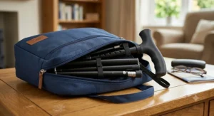An adjustable, folding walking stick for elderly users stored neatly inside a compact travel bag.