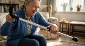 Demonstration of a height-adjustable aluminium walking stick tailored for elderly posture support.